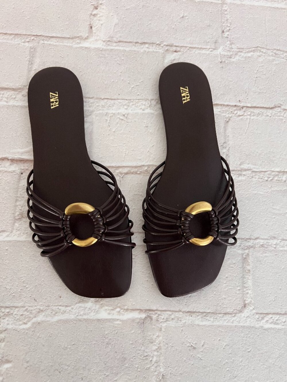 Zara Brown Flat Sandals with Metallic Trim Size 6.5 - Picture 5 of 6
